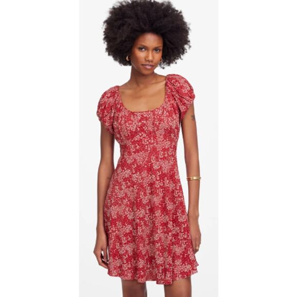 Madewell Ruched‎ Scoopneck Puff Sleeve Mini Dress in Floral Red Size 4 - Picture 2 of 13